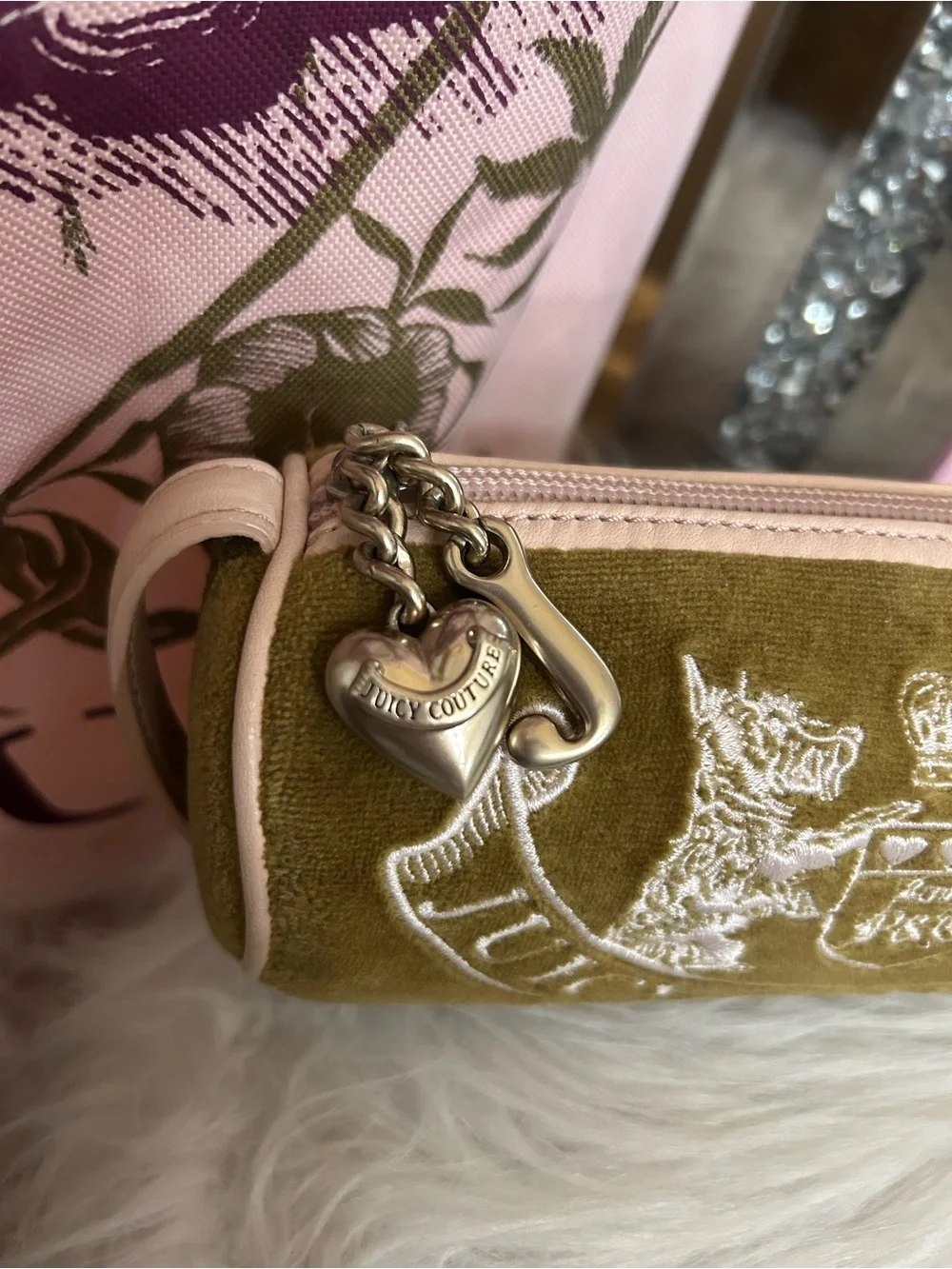 Y2K Vintage 2004 Juicy Couture Olive Green Velour Pink Leather Barrel Bag